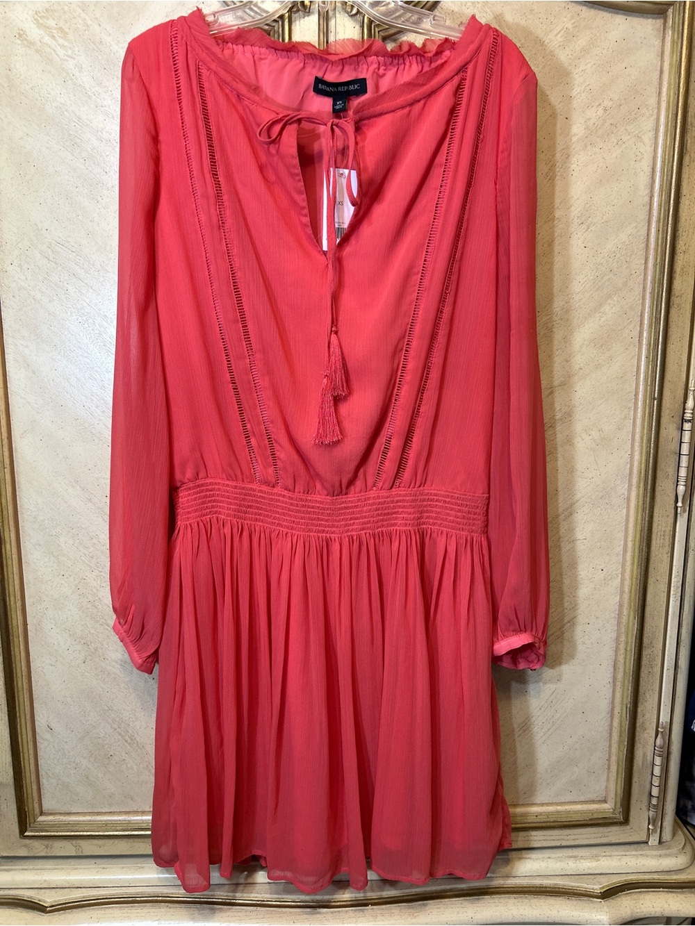 Banana Republic Coral Peach Sheer Sleeve Tassel Peasant Dress NEW NWT